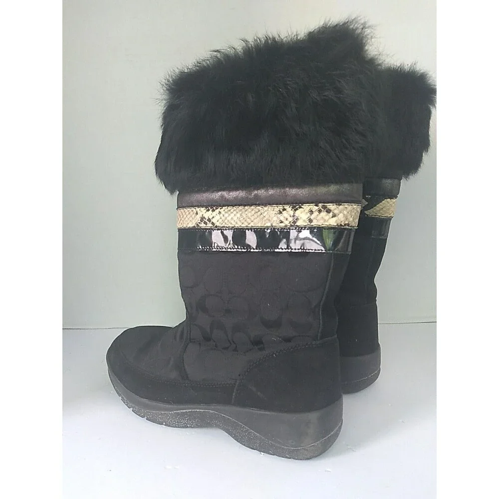 Coach Winter Boots Fur Trim Signature Logo Black Knee High Boots‎ Size 7
